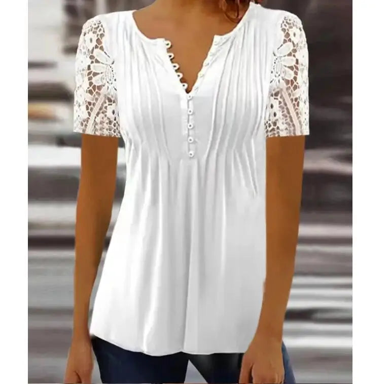 Summer Spring New Women's Loose and Comfortable Casual Lace V Neck Printed Blouse Floral Short Sleeve Elegant Fashion Shirt