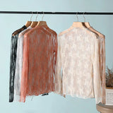 Sexy Women Mesh T-Shirts Transparent Lace Blouse Long Sleeve See Through Tops For Women Bottoming Shirt Sheer Tees Body Crop Top