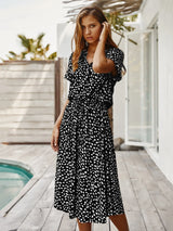 Vintage Floral Print Dress Women Boho Short Sleeve Long Dress Turn Down Collar Casual Waistband Shirt Dresses Robe 2021 Summer