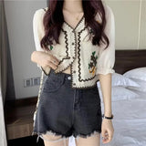 Flower Embroidery Crochet Blouse with Chiffon Sleeve Button Front Cardigan Top Women Spring Summer Fairycore Cottagecore