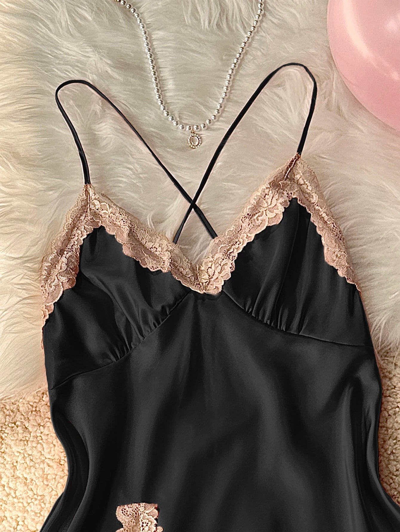 Women's Sexy Fashion V-Neck Sleep Dress Lace Trim Crisscross Back Nightgown Loungewear