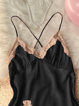 Women's Sexy Fashion V-Neck Sleep Dress Lace Trim Crisscross Back Nightgown Loungewear