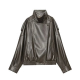 Women's Jacket 2026 Autunm  New Black Long Sleeve Pebble Faux Leather Jacket Motorcycle Style Personality Fashion