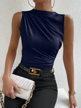 Fashion Casual Mock Neck Ruched Tank Top for Women Summer 2024 Solid Color Pleated Sleeveless Tee Shirt Tshirt Streetwear Y2K