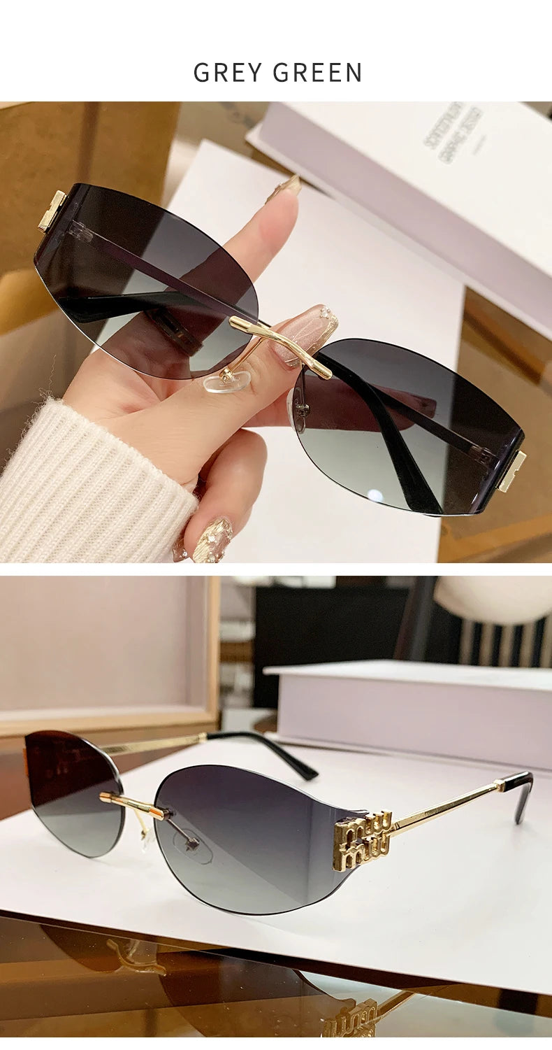 Rimless Oval Sunglasses Women UV400 Oversized Gradient Black Lenses Metal Frame Punk Decorative Glasses Men Goggles Female