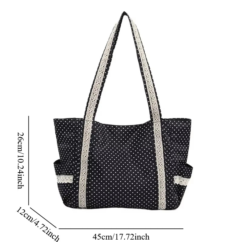 Women Shoulder Bag For Korean Vintage Canvas Cute Lace Large Capacity Tote Multi Pocket Handbag Fashion Round Dot Underarm Bag