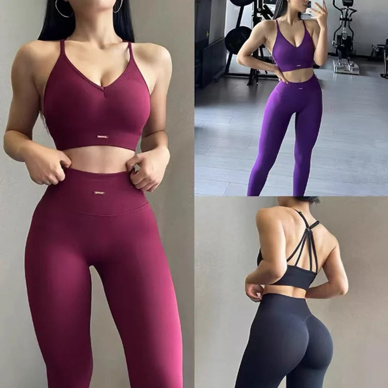Seamless Yoga Set Women High Waist Scrunch Leggings V Neck Sports Bra 2 Piece Workout Fitness Clothing Quick Dry Gym Suit