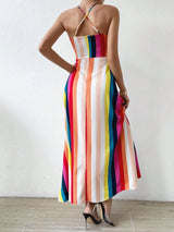 Women's Summer Ethnic Pattern Backless Split Thigh Dress Ladies Summer Clothes Boho Fashion Frill Trim Long Dress for Beach