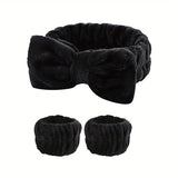 Women's Soft Coral Fleece Headband Wide Bow Hair Band Wristband for Skincare Face Washing Hair Accessories
