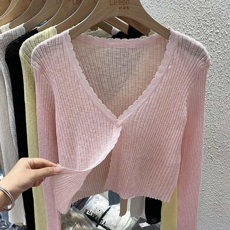 Summer Short Ice Silk Knitted Sun Protection Cardigan Women's Thin Suspender Skirt Layered Gauze Jacket Air-conditioned Cover Up