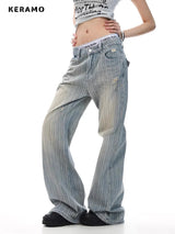 2025 Retro American Waed Striped Hole Denim Jeans Loose High Street Micro Flared Cleanfit Casual Long Trousers for Men And Women