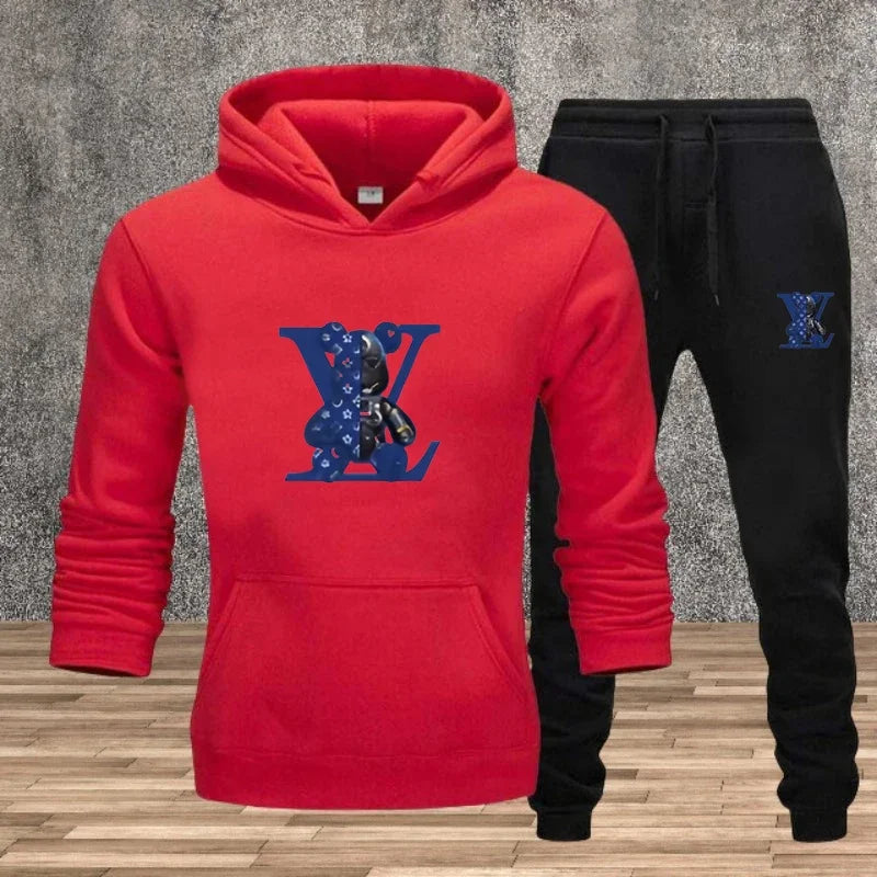 New Men's Printed Hooded Sweatshirt Set Soft Fabric Casual Streetwear Fitness Jogging Sportswear 2-Piece Outfit Comfortable