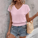 2025 Spring Summer New Fashion Blouses Solid V-Neck Jacquard Hollow-Out Smocking Short-Sleeve Shirts Fashion Casual Women's Tops