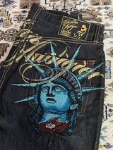 Baggy Wide Leg Y2K 2000s Loose Jeans Embroidered Buddha Casual Denim Pants Harajuku High Waist Straight Jeans Y2k Women Clothing