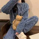Women's Thickened Warm Sleepwear coral velvet homewear Fluffy O-neck leisure pajamas Striped Large Size Adapted Winter Sleepwear