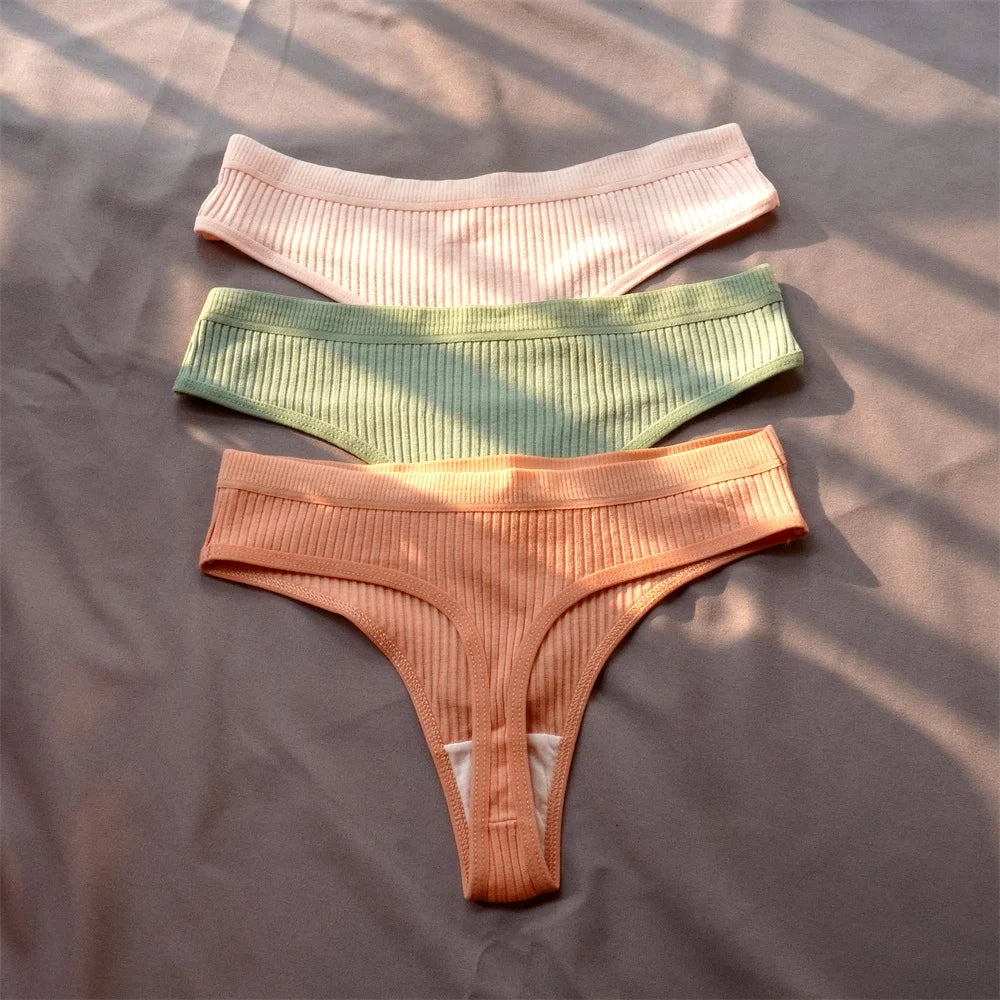 3 Pcs Seamless Ladies Ribbed Cotton Thong Simple Women's Low Waist Bikini Briefs Sports Girls Underwear Plus Size