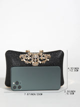 1PC Gold Glitter Clutch Box with Rhinestone Decor Cut-out Flower Flap Lock Closure Elegant Textured Frame Purse for Dinner