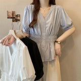 Elastic waist cinching and slimming summer shirt, women's short sleeved solid color top, new minimalist V-neck French style top