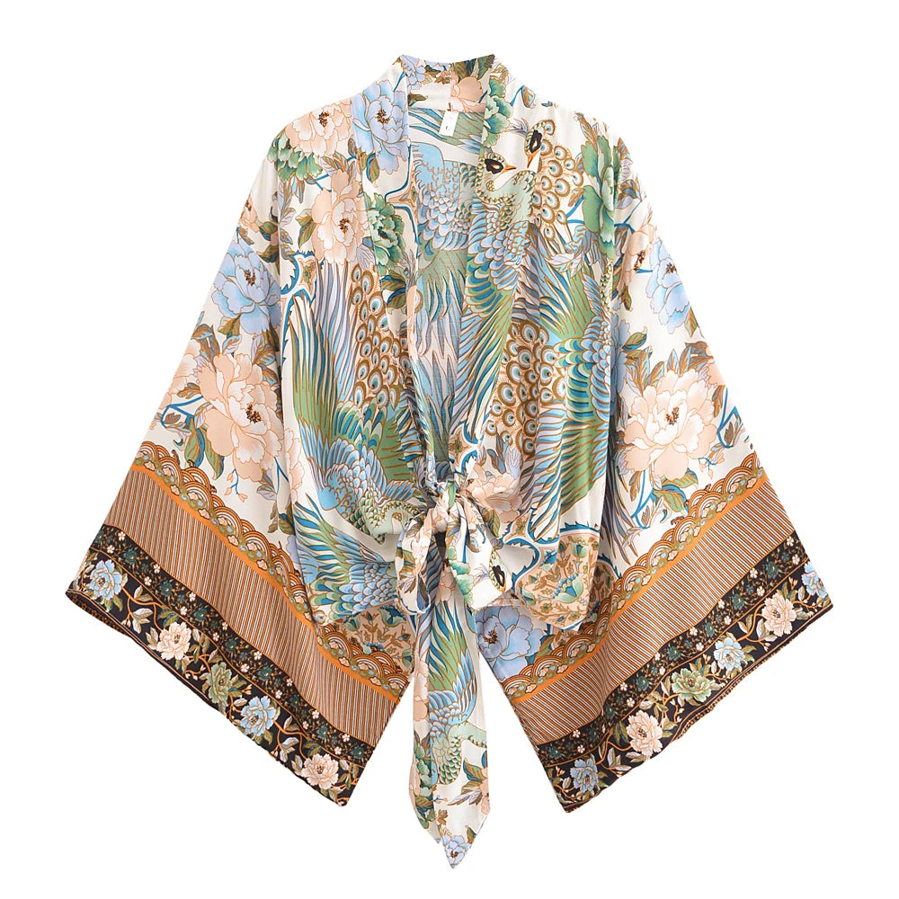 Boho Queens Peacock Short Robe Kimono Swimsuits Women Fashion Floral Batwing Sleeves Rayon Bohemian Bikini Cover Ups Beachwear