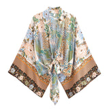 Boho Queens Peacock Short Robe Kimono Swimsuits Women Fashion Floral Batwing Sleeves Rayon Bohemian Bikini Cover Ups Beachwear