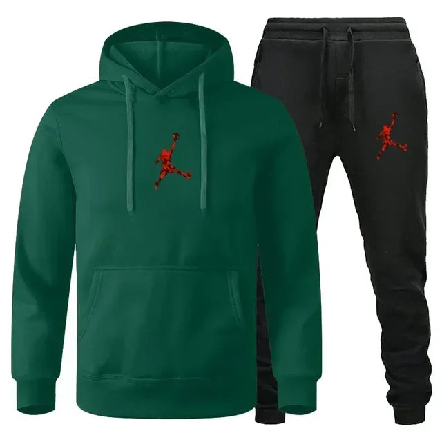 A 2-piece men's outdoor fitness sportswear set featuring a hooded long-sleeved sweatshirt, pullover and casual pants for autumn