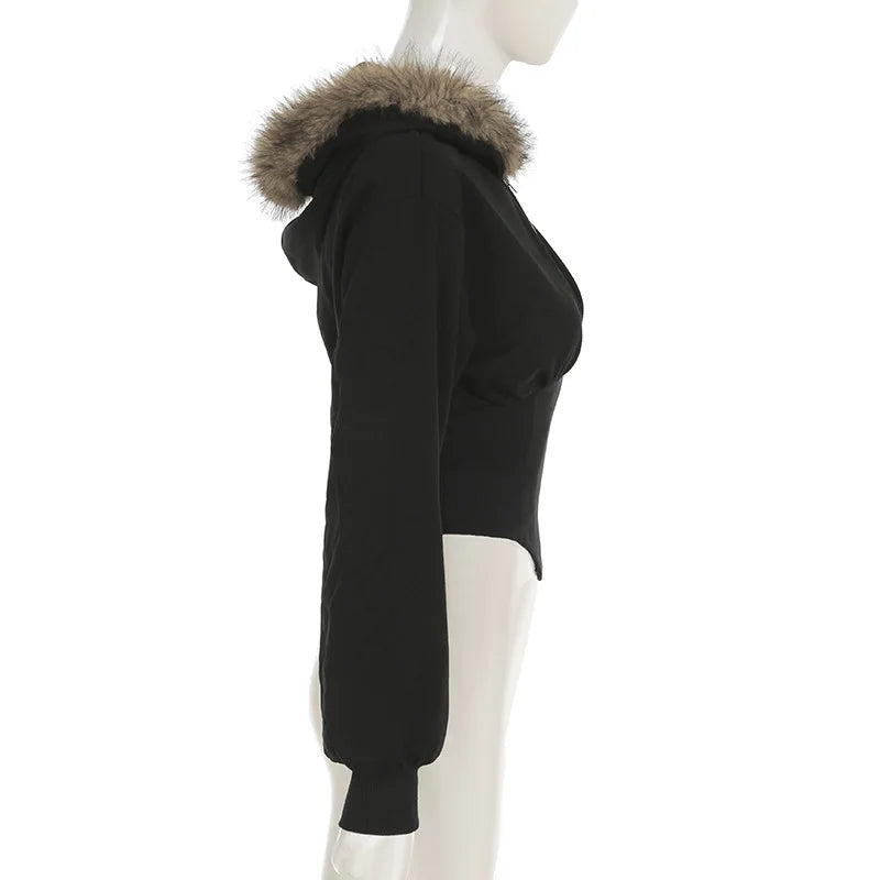 Goth Dark Autumn Winter Faux Fur Collar Solid Hooded Coats Women Casual Slim Waist Zip Hoodies Gothic Jackets Chic Streetwear