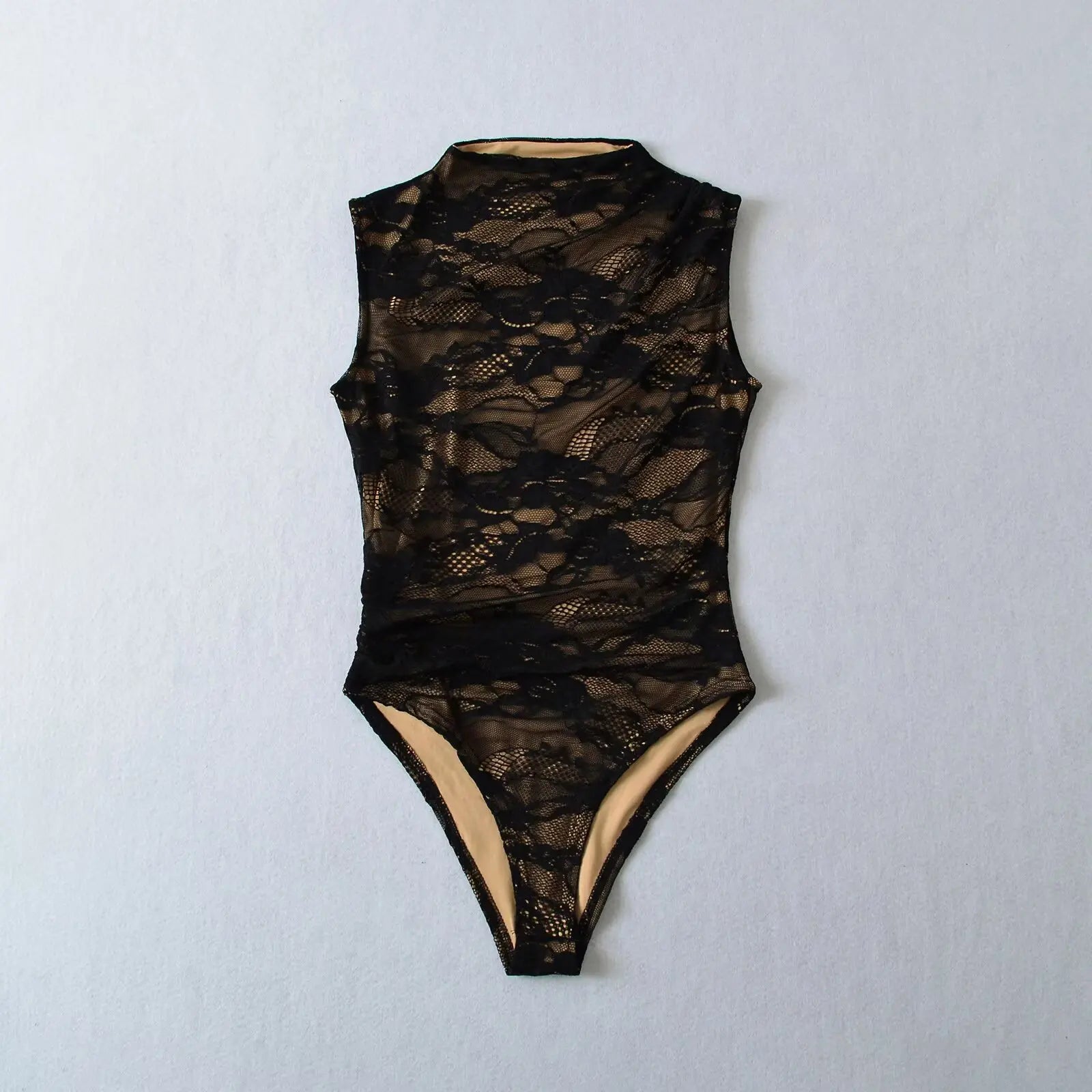 2025 Women's Summer Elegant Beige Black Sleeveless Lace Bodysuits Lady Luxury High Quality Street Bodycon Rompers Jumpsuits Tops