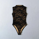 2025 Women's Summer Elegant Beige Black Sleeveless Lace Bodysuits Lady Luxury High Quality Street Bodycon Rompers Jumpsuits Tops
