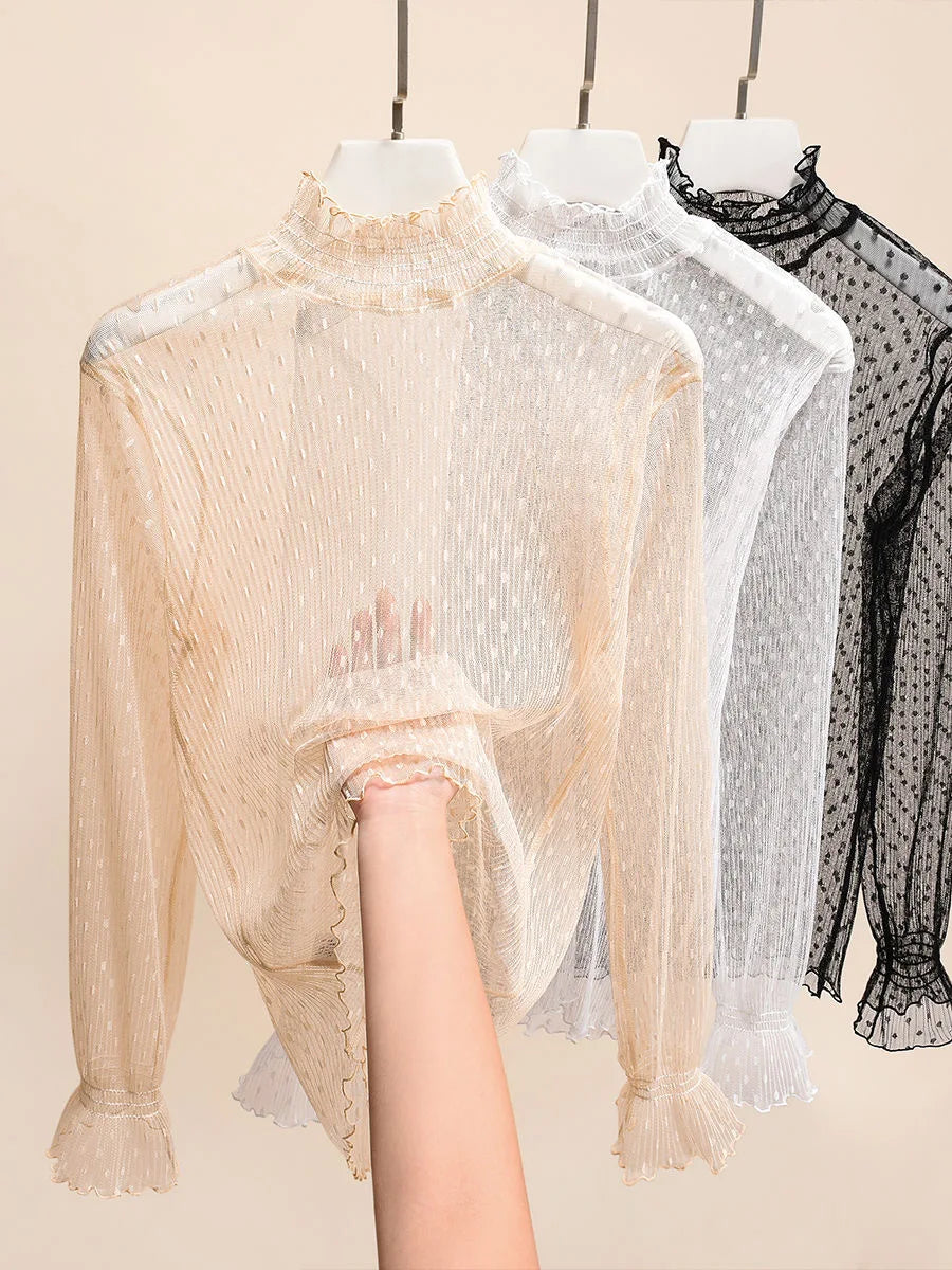 Women Elegant High Neck Polka Dot Blouse Mesh Lace Stitching Puff Long Sleeve Shirt Slim Fit Office Ladies Fashion Daily Tops