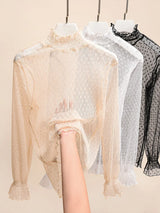 Women Elegant High Neck Polka Dot Blouse Mesh Lace Stitching Puff Long Sleeve Shirt Slim Fit Office Ladies Fashion Daily Tops