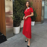 Contrast Single Breasted Knitted Dress For Women Elegant Lapel Short Sleeve Hollow Out Chic Dresses Female Red Black Vestidos