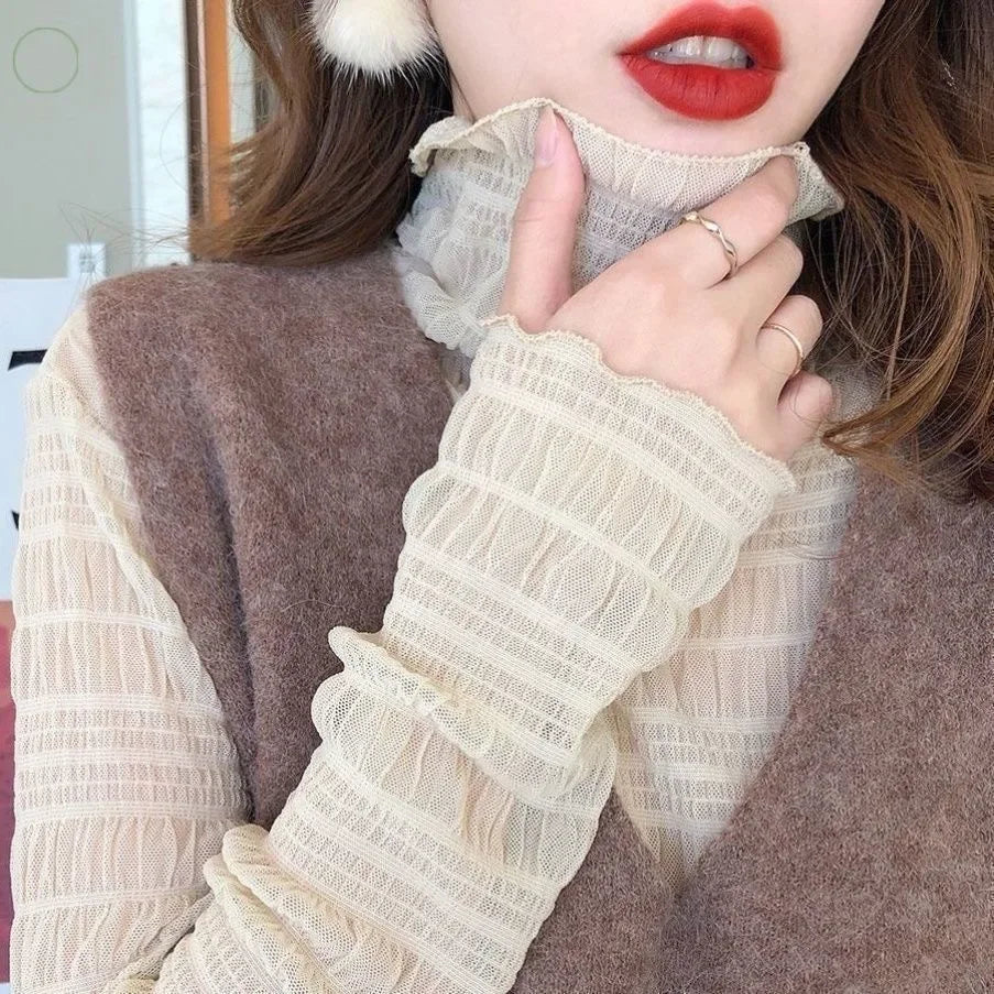 Women Elegant High Neck Polka Dot Blouse Mesh Lace Stitching Puff Long Sleeve Shirt Slim Fit Office Ladies Fashion Daily Tops