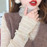 Women Elegant High Neck Polka Dot Blouse Mesh Lace Stitching Puff Long Sleeve Shirt Slim Fit Office Ladies Fashion Daily Tops