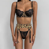 Krasapt Sexy Leopard Printing Lace Patchwork Women Lingerie 3Pcs Sets Romantic Mesh Perspective Intimates Underwear Erotic Set