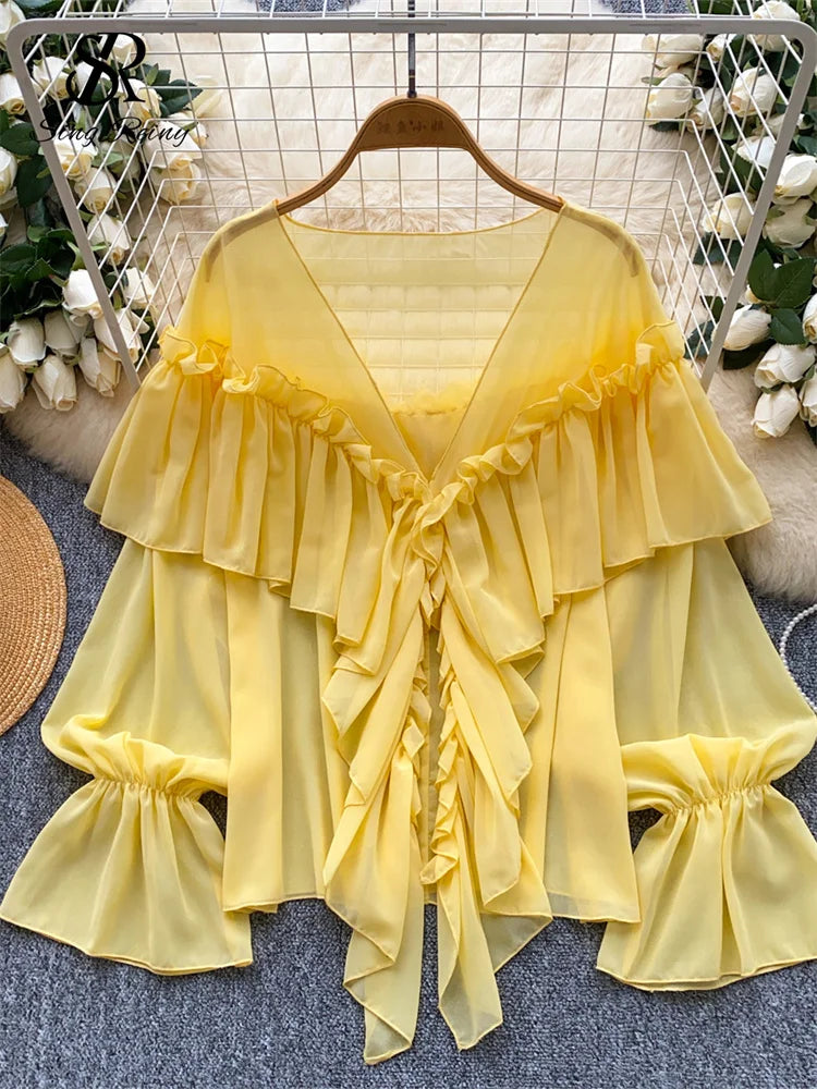 SINGREINY Chic Ruffles Splice Chiffon Blouse V Neck Flared Sleeve Loose Tops 2025 Fashion Solid Fairycore Vacation Women Shirt