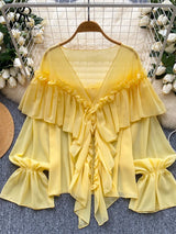 SINGREINY Chic Ruffles Splice Chiffon Blouse V Neck Flared Sleeve Loose Tops 2025 Fashion Solid Fairycore Vacation Women Shirt