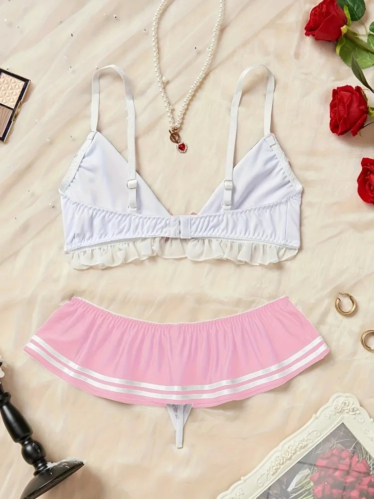 Naughty Sexy Sailor Lingerie Set, Schoolgirl Cosplay Costume 3 Piece Bikini Outfit for Roleplay Halloween Bachelorette Party