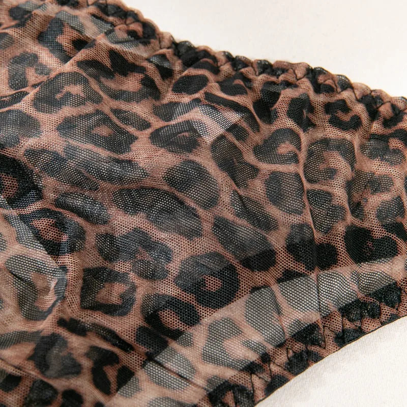 Toucheart 2-Piece Sexy Leopard Print Lingerie Set Bra Women Hollow Sexy Lingerie Thin Mesh Patchwork Print See-Through Sexy Set