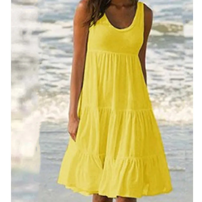Bohemian Women's Casual O Neck Sleeveless Ruffle Mini Dress Solid Color Beach Tank Top Oversized Loose Dress Plus Size Women3029