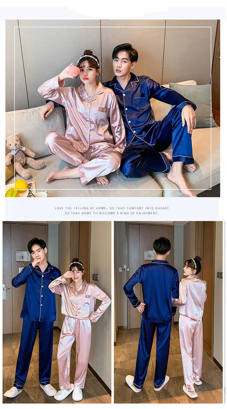 Solid Color Sleepwear Silk Satin Pajamas Couple Set Long Button-Down Pyjamas Suit Pijama Women Men Loungewear Plus Size Pj Set