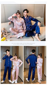 Solid Color Sleepwear Silk Satin Pajamas Couple Set Long Button-Down Pyjamas Suit Pijama Women Men Loungewear Plus Size Pj Set