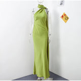 Elegant Ribbon Halter Dress Women Solid Off Shoulder Sleeveless Backless Slim Maxi Dresses 2025 Summer Autumn Party Robes Lady
