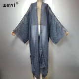 WINYI 2023 Women Bohemian Gold Thread Monochrome Elegant Casual Dress African Cardigans Outerwear For Women Summer Sexy Kimono