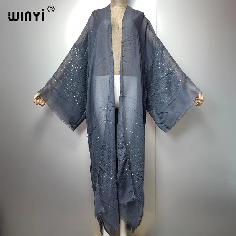 WINYI 2023 Women Bohemian Gold Thread Monochrome Elegant Casual Dress African Cardigans Outerwear For Women Summer Sexy Kimono