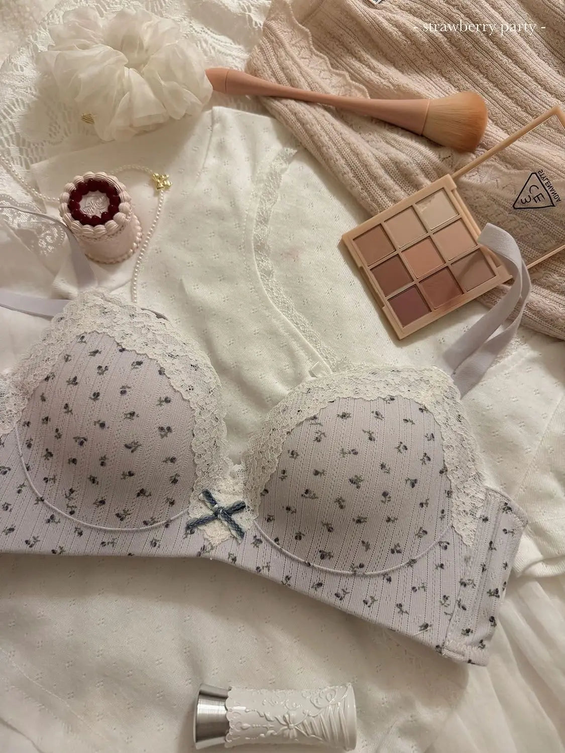 Teenage Sexy Lace Floral Bra Set Comfortable Non-steel Ring Beauty Back Small Breasts Gathered up Support Anti-Sagging Bra Set