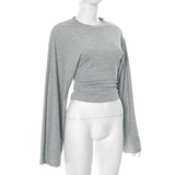 Women's Long Sleeve O-Neck Skinny T-Shirt Monochromatic Crop Top Casual Y2K Streetwear Fashion Pullover Summer Outfit