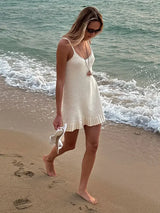 Sexy Crochet Halter V Neck Chic Ruffle Knit Beach Mini Dress 2026 Women Comfy Swimsuit Cover Up Seaside Holiday Club Dresses K58