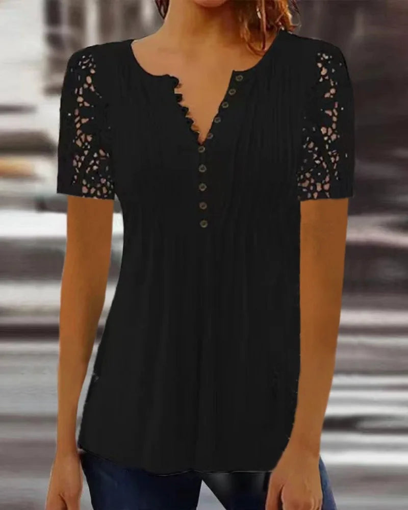 Summer Spring New Women's Loose and Comfortable Casual Lace V Neck Printed Blouse Floral Short Sleeve Elegant Fashion Shirt