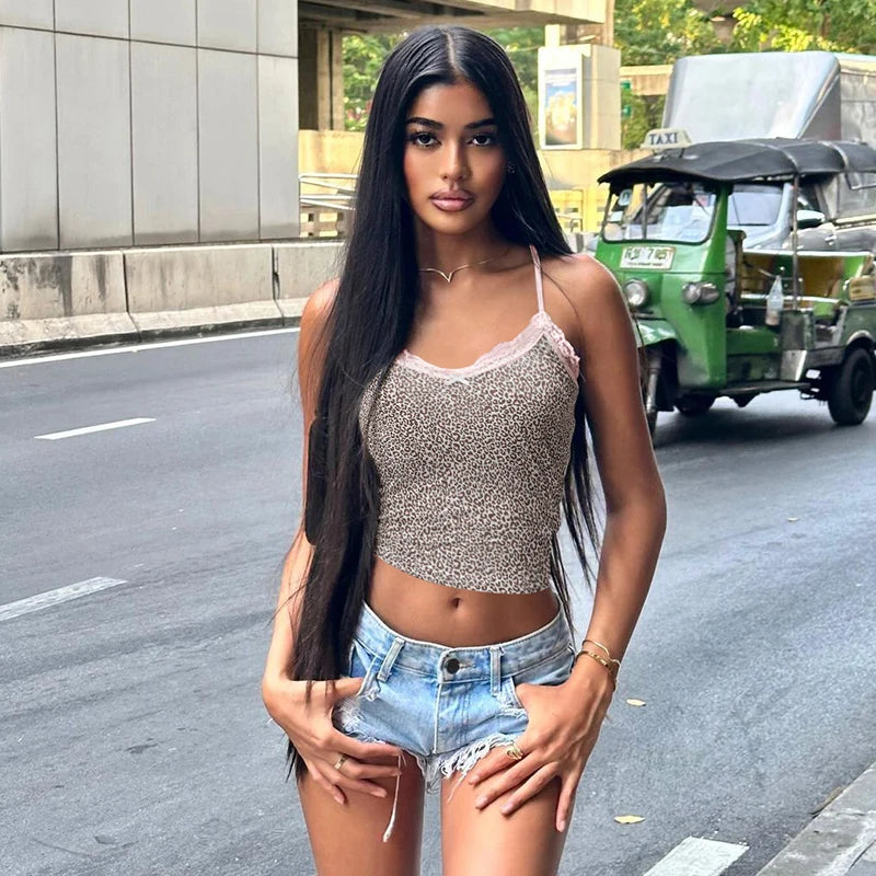 Hugcitar Leopard Print Slips Bows Patchwork Lace Sexy Slim Crop Camis Top Summer Fashion Women Y2K Outfits Festival Party