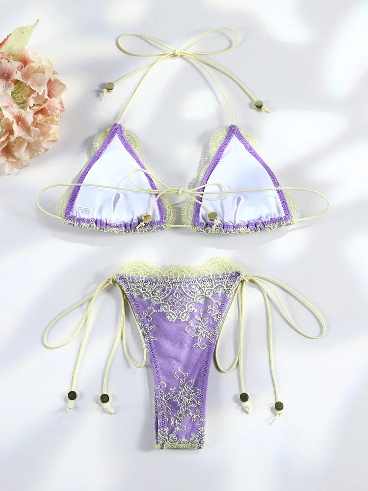 Sexy Hollow Lace Bikinis Patchwork Swimsuit Women Bathing Suits Bandage Swimwear Mujer Beachwear Triangle Bikini Set